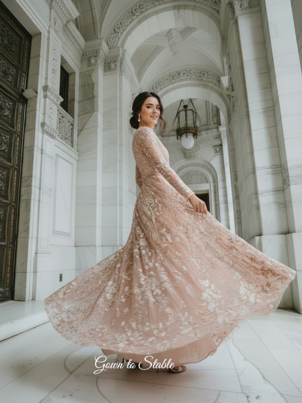 Mac Duggal 20214 Long Sleeve Beaded Applique Embellished V-Neck Gown Dusty Rose